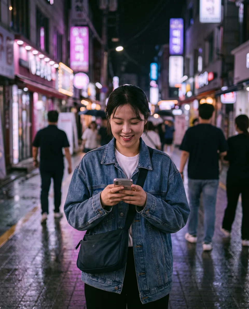 Young Korean woman in a denim jacket checking her phone on a neon-lit Seoul street at night