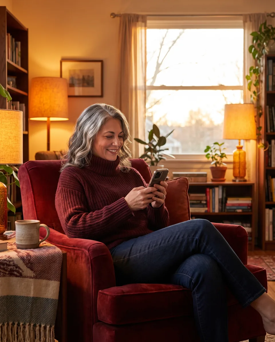 Woman in her late forties browsing creator profiles on her phone at home